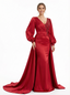 Gorgeous V-neck Long Sleeves Lace Mermaid Long Satin Prom Dresses Overskirt