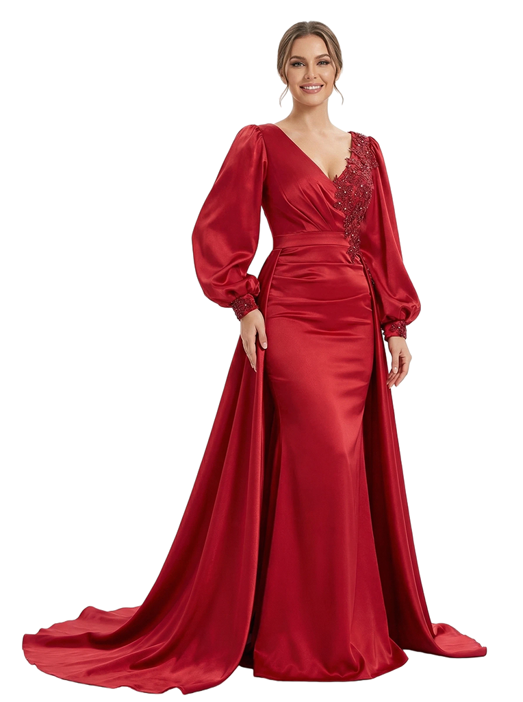 Gorgeous V-neck Long Sleeves Lace Mermaid Long Satin Prom Dresses Overskirt