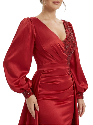 Gorgeous V-neck Long Sleeves Lace Mermaid Long Satin Prom Dresses Overskirt