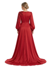 Gorgeous V-neck Long Sleeves Lace Mermaid Long Satin Prom Dresses Overskirt