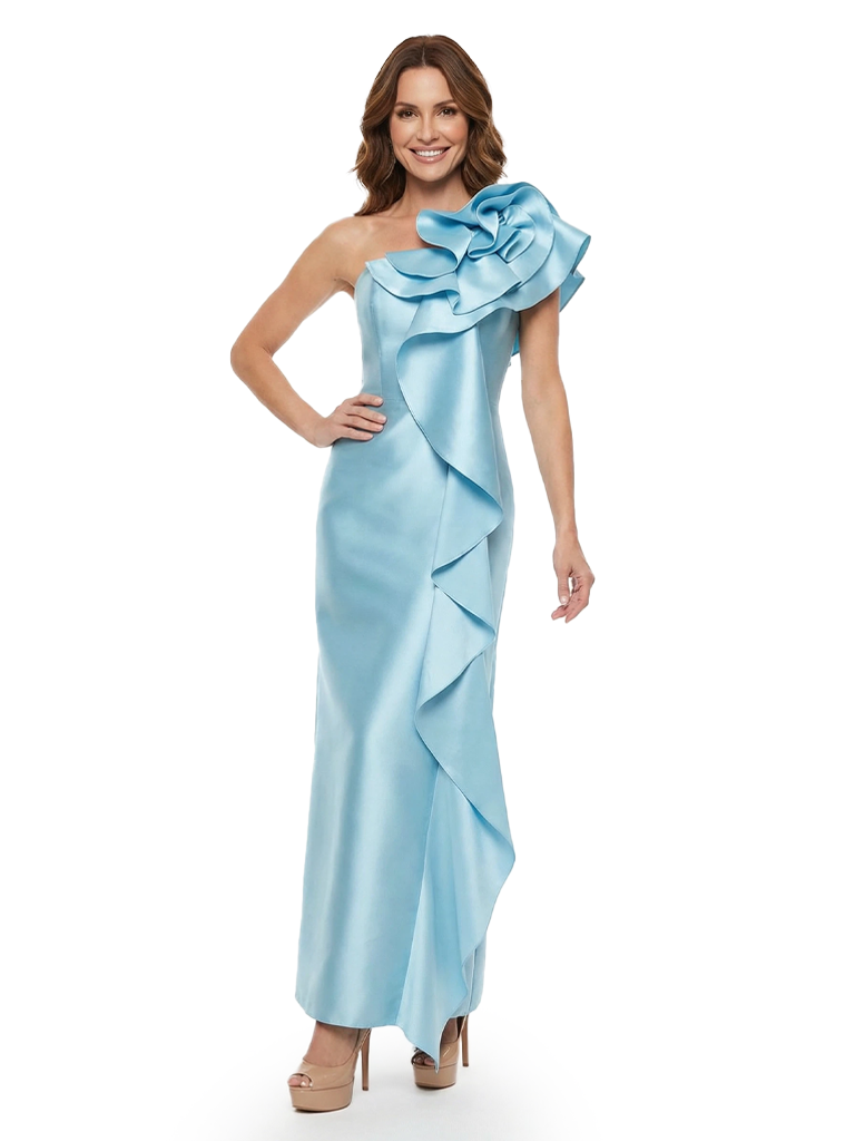 Unique One Shoulder Satin Mother Of The Groom Gown Floral Ruffle Sheath Ankle-Length Dress