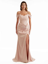 Sexy Side Split Cold Shoulder Lace Top Maxi Satin Modern Formal Wedding Guest Dresses