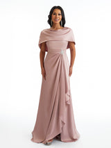 Sexy A-Line Side Slit Long Satin Formal Bridesmaid Dresses With Detachable Shawl