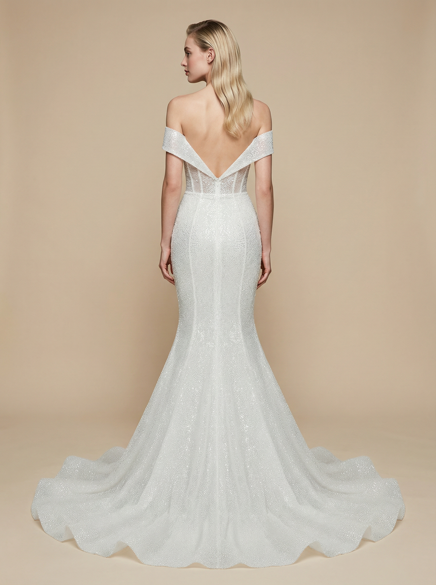 Mermaid Off Shoulder Sleeveless Maxi Long Sequin Tulle Wedding Dresses Online