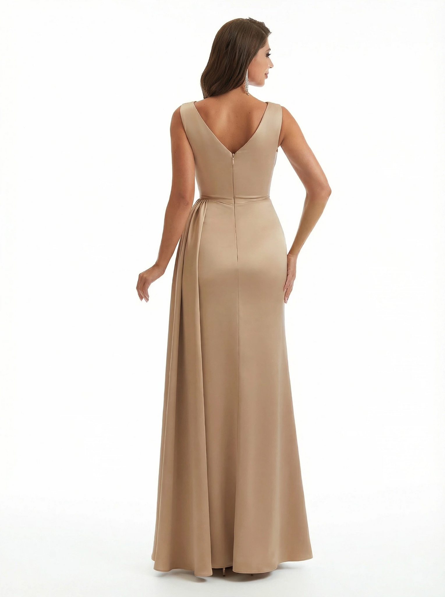 Ladies Sexy V-Neck Mermaid Silky Satin Long Evening Formal Dresses Side Slit