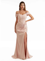 Sexy Side Split Cold Shoulder Lace Top Maxi Satin Modern Formal Wedding Guest Dresses