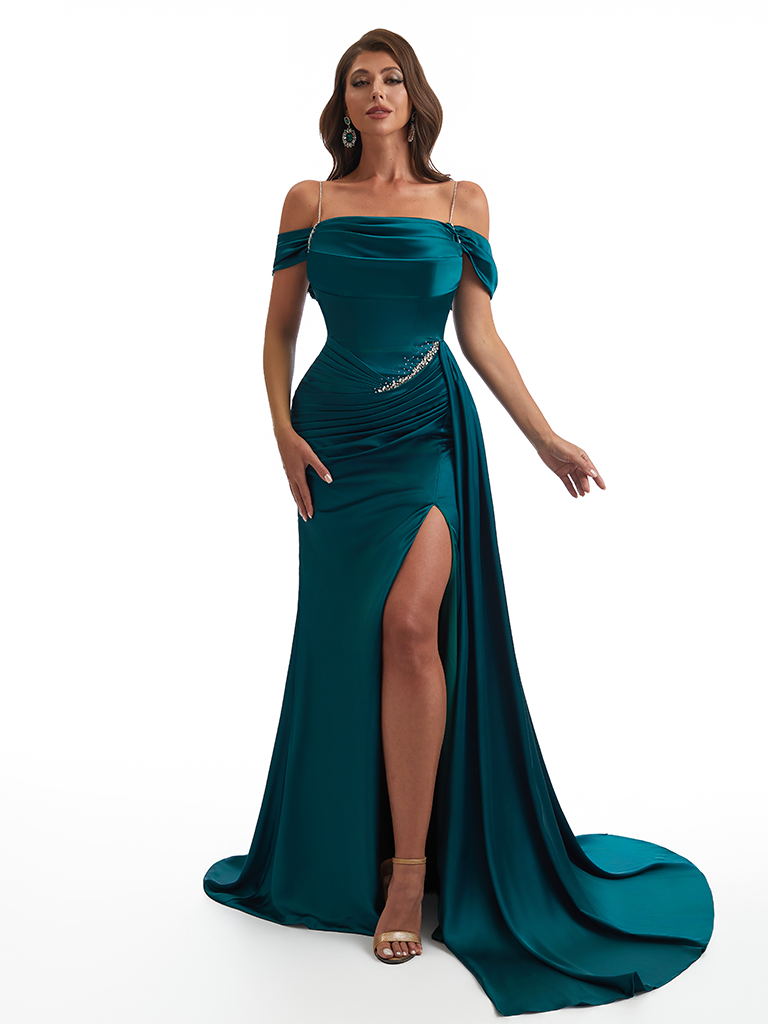 Elegant Off The Shoulder Mermaid Side Slit Soft Satin Unique Long Bridesmaid Dresses Online