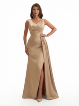 Ladies Sexy V-Neck Mermaid Silky Satin Long Evening Formal Dresses Side Slit