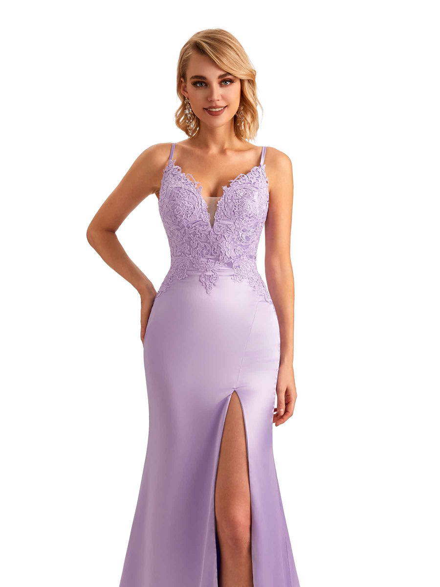 Sexy Side Slit Spaghetti Straps Lace Mermaid Unique Satin Maxi Dress For Wedding