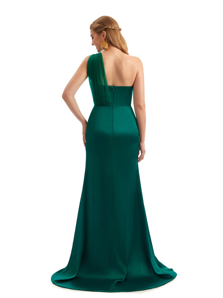Elegant One Shoulder Mermaid Silky Satin and Tulle Long Bridesmaid Dresses Slit