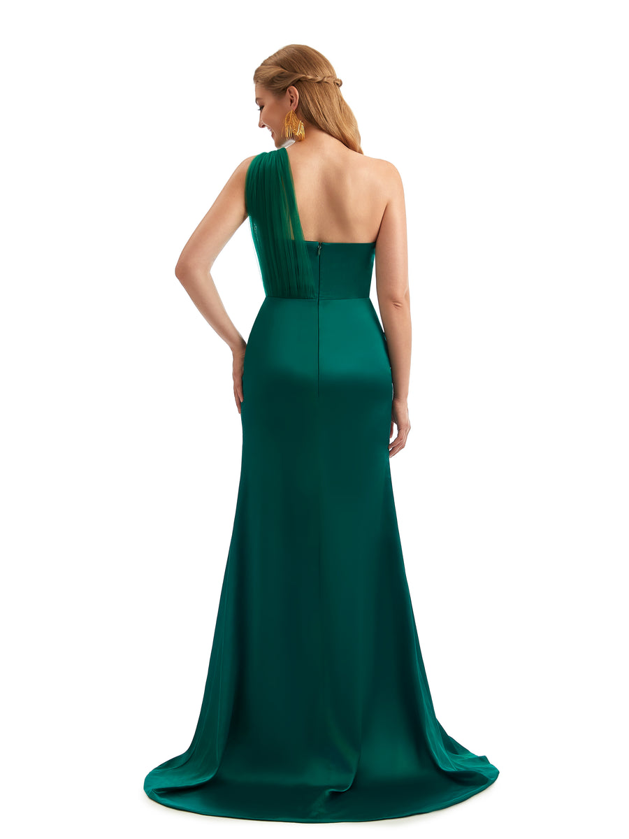 Elegant One Shoulder Mermaid Silky Satin and Tulle Long Bridesmaid Dresses Slit