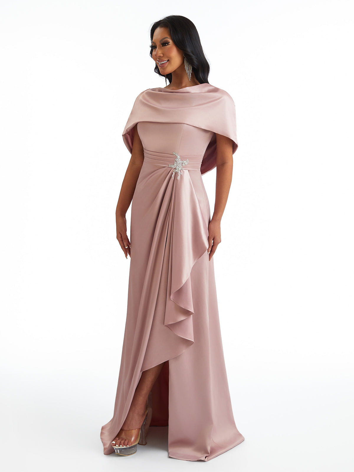 Sexy A-Line Side Slit Long Satin Formal Bridesmaid Dresses With Detachable Shawl