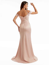 Sexy Side Split Cold Shoulder Lace Top Maxi Satin Modern Formal Wedding Guest Dresses