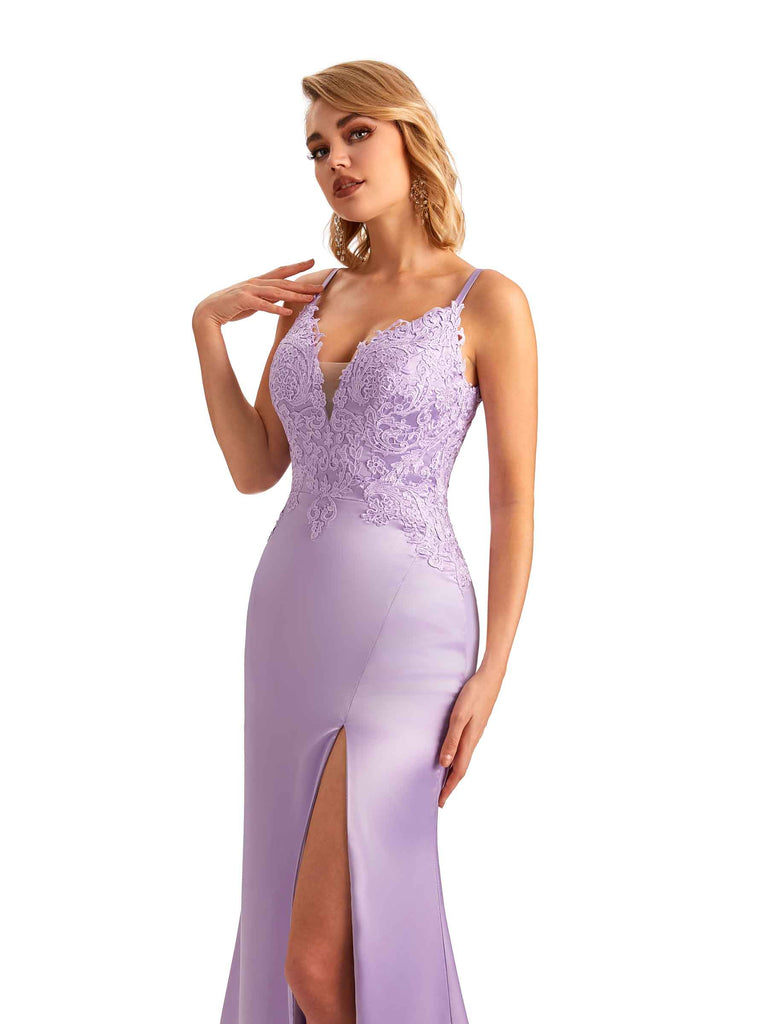 Sexy Side Slit Spaghetti Straps Lace Mermaid Unique Satin Maxi Dress For Wedding