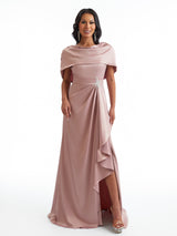 Sexy A-Line Side Slit Long Satin Formal Bridesmaid Dresses With Detachable Shawl