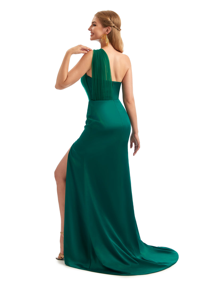 Elegant One Shoulder Mermaid Silky Satin and Tulle Long Bridesmaid Dresses Slit