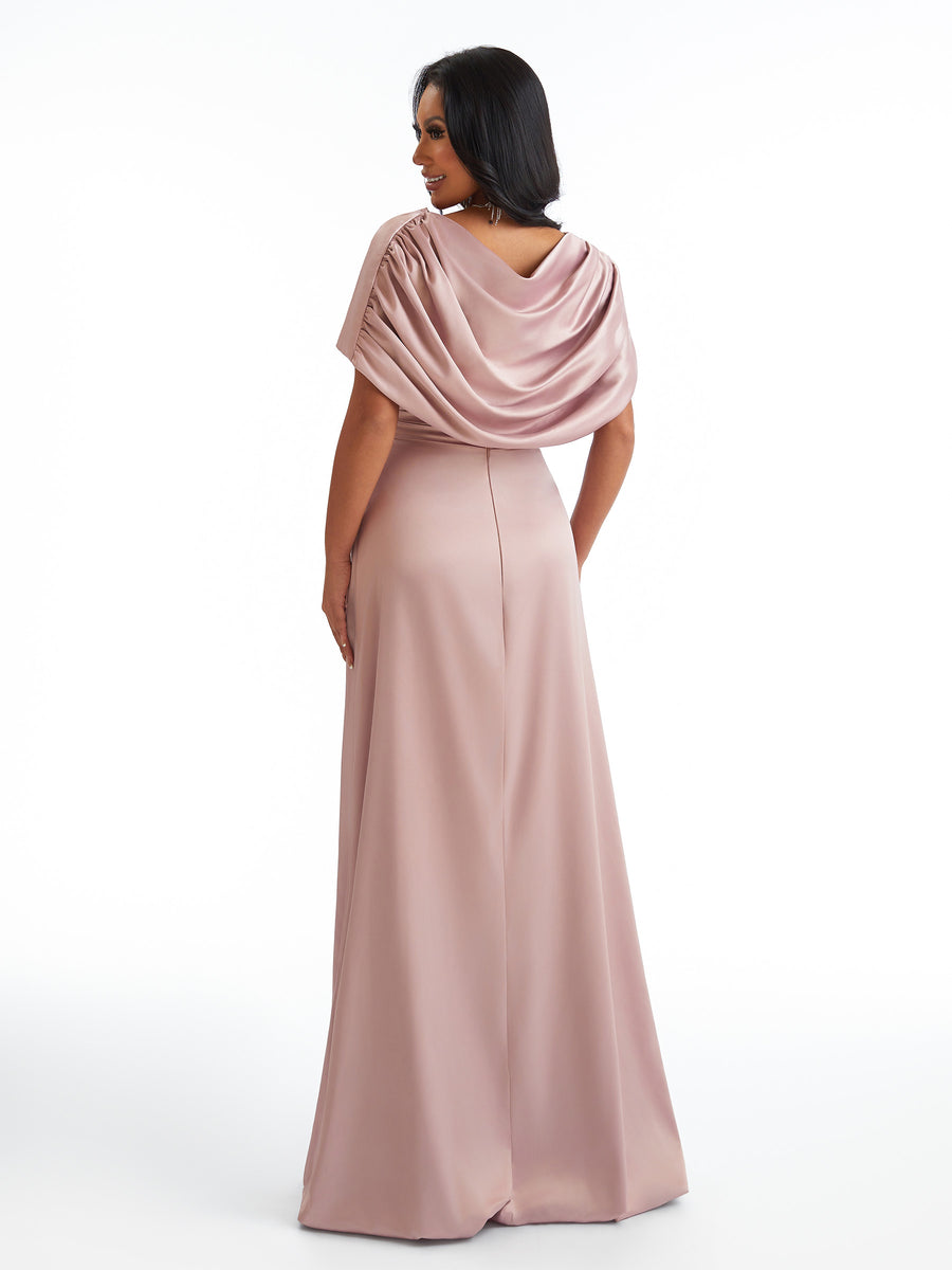 Sexy A-Line Side Slit Long Satin Formal Bridesmaid Dresses With Detachable Shawl