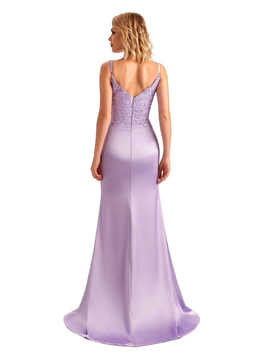 Sexy Side Slit Spaghetti Straps Lace Mermaid Unique Satin Maxi Dress For Wedding