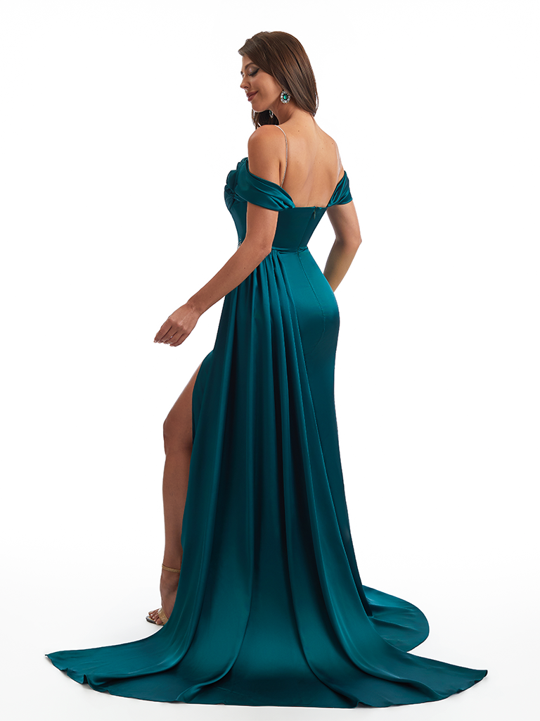 Elegant Off The Shoulder Mermaid Side Slit Soft Satin Unique Long Bridesmaid Dresses Online