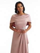 Sexy A-Line Side Slit Long Satin Formal Bridesmaid Dresses With Detachable Shawl