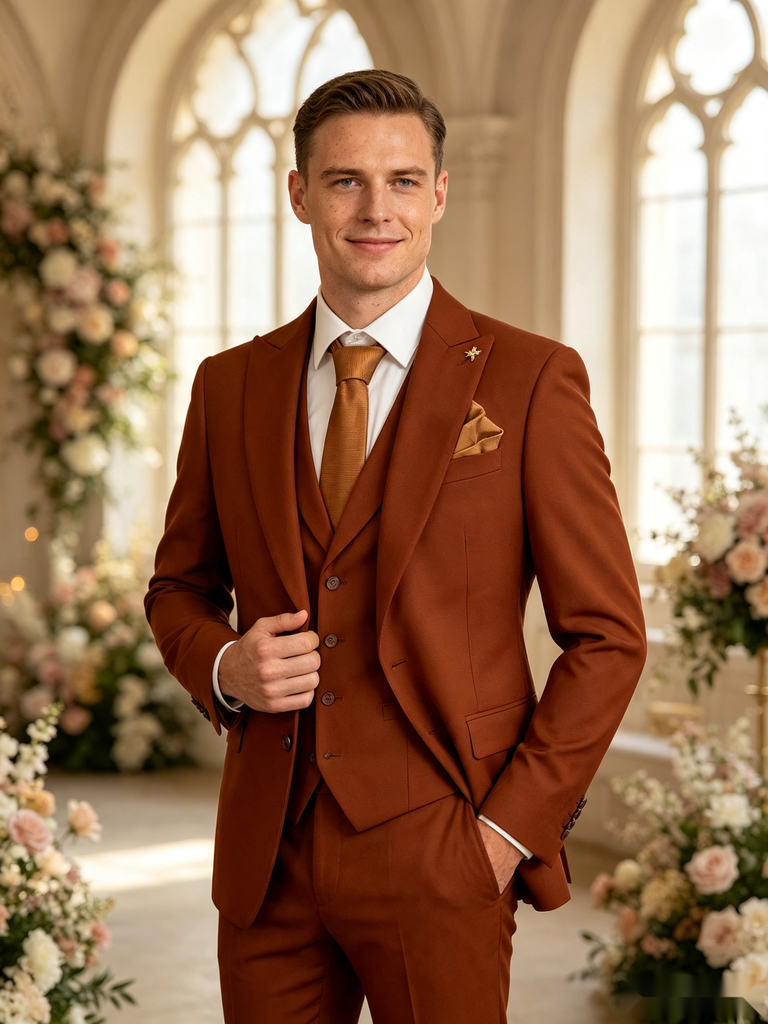 Classic 1 Piece Burnt Orange Men's Suit with Regular Fit and Sophisticated Peak Lapel
