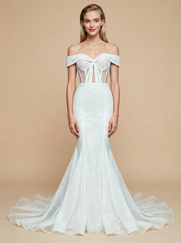 Mermaid Off Shoulder Sleeveless Maxi Long Sequin Wedding Dresses Online