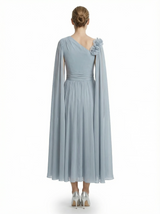 One Shoulder Chiffon Mother Of The Bride Dress Cape Sleeves Maxi Gown Formal Wedding Attire