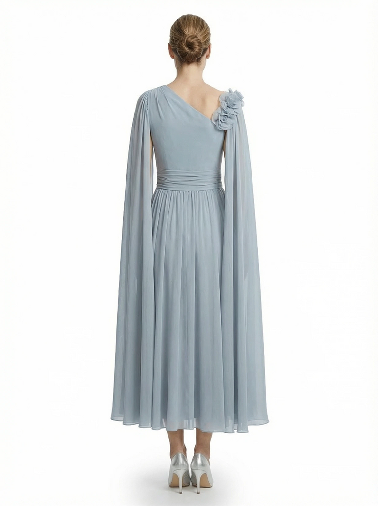 One Shoulder Chiffon Mother Of The Bride Dress Cape Sleeves Maxi Gown Formal Wedding Attire