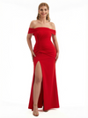 Elegant Off The Shoulder Ruched Stretchy Crepe Mermaid Maxi Evening Gowns For Women Side Slit