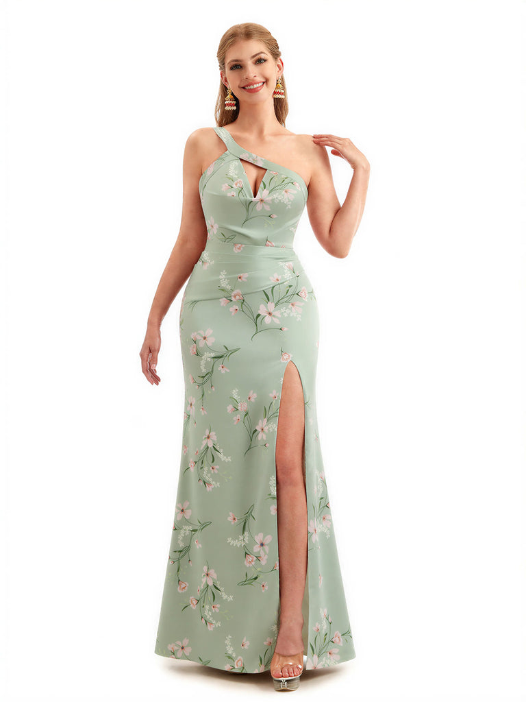 Beautiful One Shoulder Side Slit Mermaid Floral Satin Maxi Floral Formal Dresses For Women