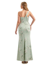 Beautiful One Shoulder Side Slit Mermaid Floral Satin Maxi Floral Formal Dresses For Women