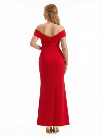 Elegant Off The Shoulder Ruched Stretchy Crepe Mermaid Maxi Evening Gowns For Women Side Slit