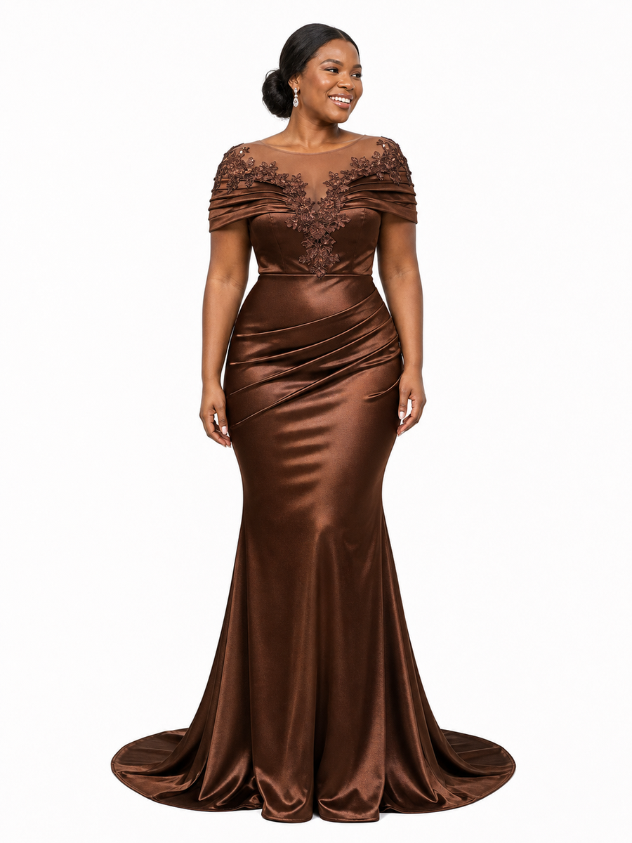 ChicSew Sexy Illusion Short Sleeves Mermaid Soft Satin Lace Appliques Floor-Length Bridesmaid Dresses