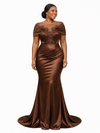 ChicSew Sexy Illusion Short Sleeves Mermaid Soft Satin Lace Appliques Floor-Length Bridesmaid Dresses