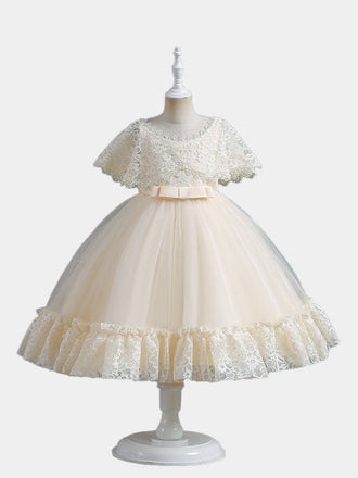 Flower Girls Dress Formal with Cape Lace A-line Princess Gown for Wedding