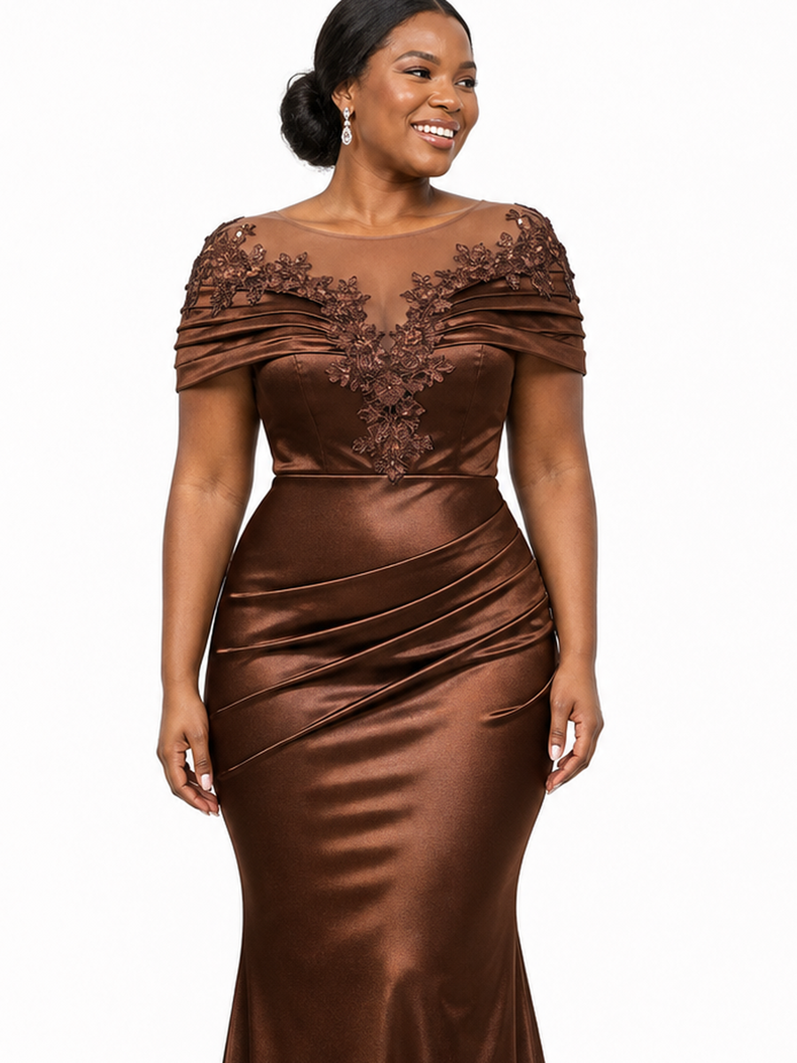 ChicSew Sexy Illusion Short Sleeves Mermaid Soft Satin Lace Appliques Floor-Length Bridesmaid Dresses