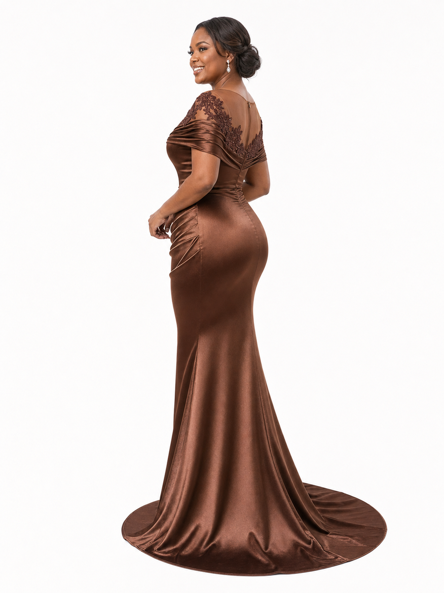 ChicSew Sexy Illusion Short Sleeves Mermaid Soft Satin Lace Appliques Floor-Length Bridesmaid Dresses