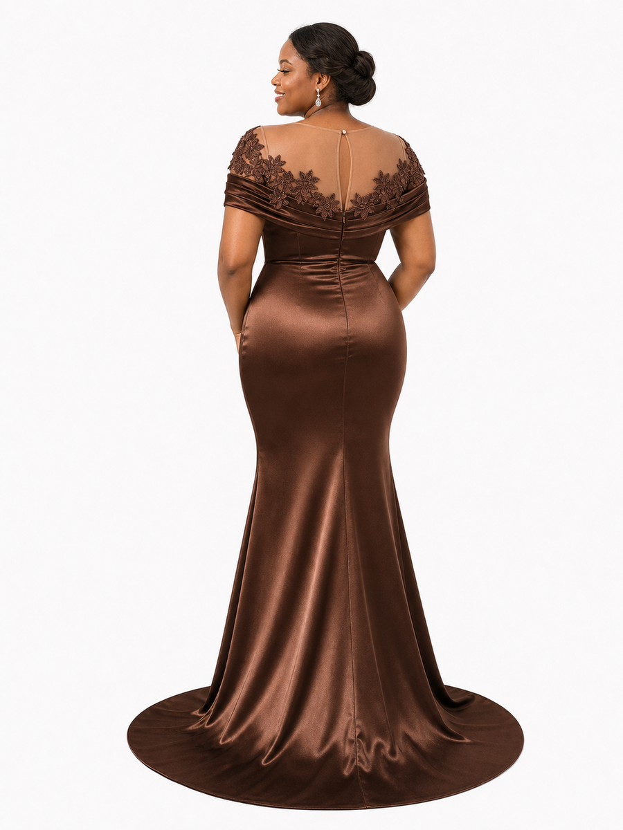 ChicSew Sexy Illusion Short Sleeves Mermaid Soft Satin Lace Appliques Floor-Length Bridesmaid Dresses