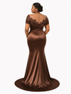 ChicSew Sexy Illusion Short Sleeves Mermaid Soft Satin Lace Appliques Floor-Length Bridesmaid Dresses
