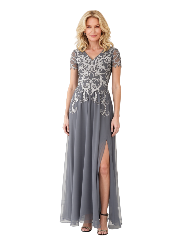 Elegant A-Line Lace Short Sleeves Chiffon Long Grandmother Of The Bride Dresses Side Slit