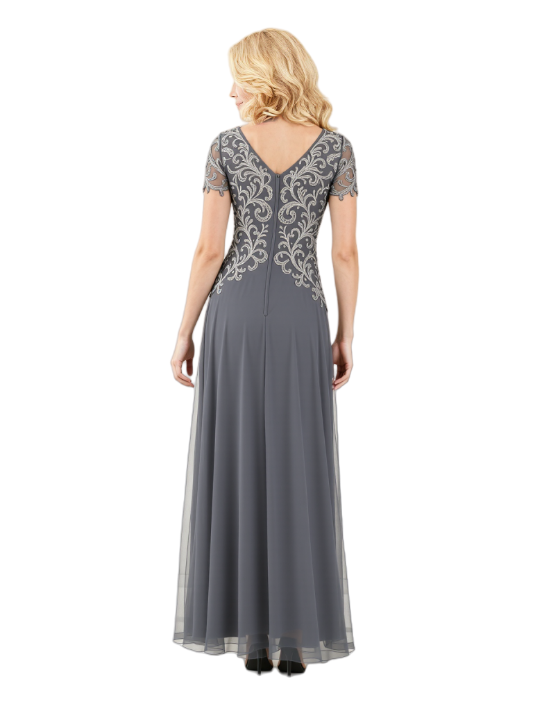 Elegant A-Line Lace Short Sleeves Chiffon Long Grandmother Of The Bride Dresses Side Slit