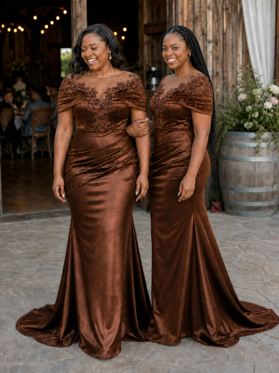 ChicSew Sexy Illusion Short Sleeves Mermaid Soft Satin Lace Appliques Floor-Length Bridesmaid Dresses