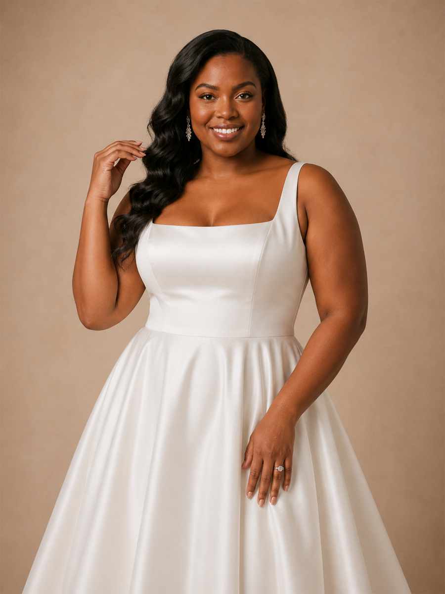 ChicSew Claasy Square Neck Satin A-Line Sleeveless Long Wedding Dress With Pleats