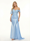 Elegant Asymmetrical Lace Beaded Mermaid Long Satin Prom Dresses With Wasit Drape
