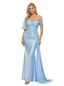 Elegant Asymmetrical Lace Beaded Mermaid Long Satin Prom Dresses With Wasit Drape