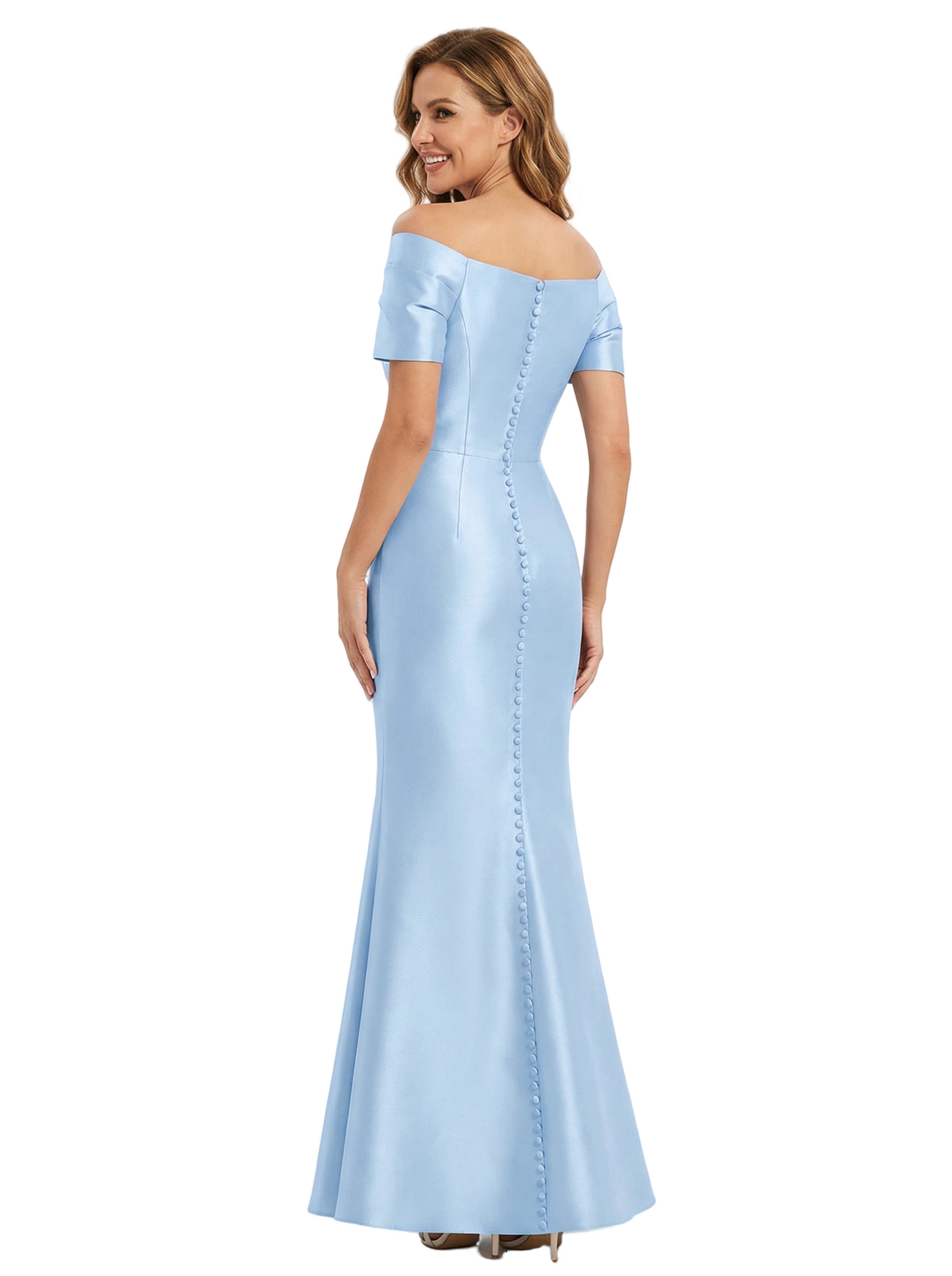 Trendy Off The Shoulder Soft Satin Short Sleeves Mermaid Dress For Mother Of The Bride