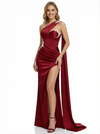 Elegant One Shoulder Mermaid Applique Long Satin Prom Dresses with Side Slit