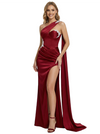 Elegant One Shoulder Mermaid Applique Long Satin Prom Dresses with Side Slit