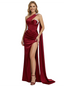 Elegant One Shoulder Mermaid Applique Long Satin Prom Dresses with Side Slit