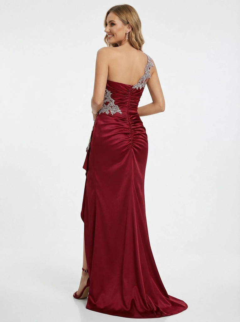 Elegant One Shoulder Mermaid Applique Long Satin Prom Dresses with Side Slit